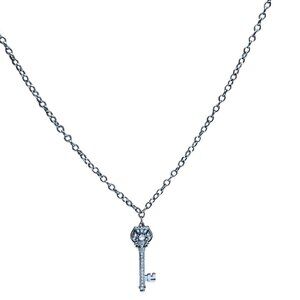 Antique Skeleton Key Pendant Necklace Victorian Gothic Silver Tone Rhinestone
